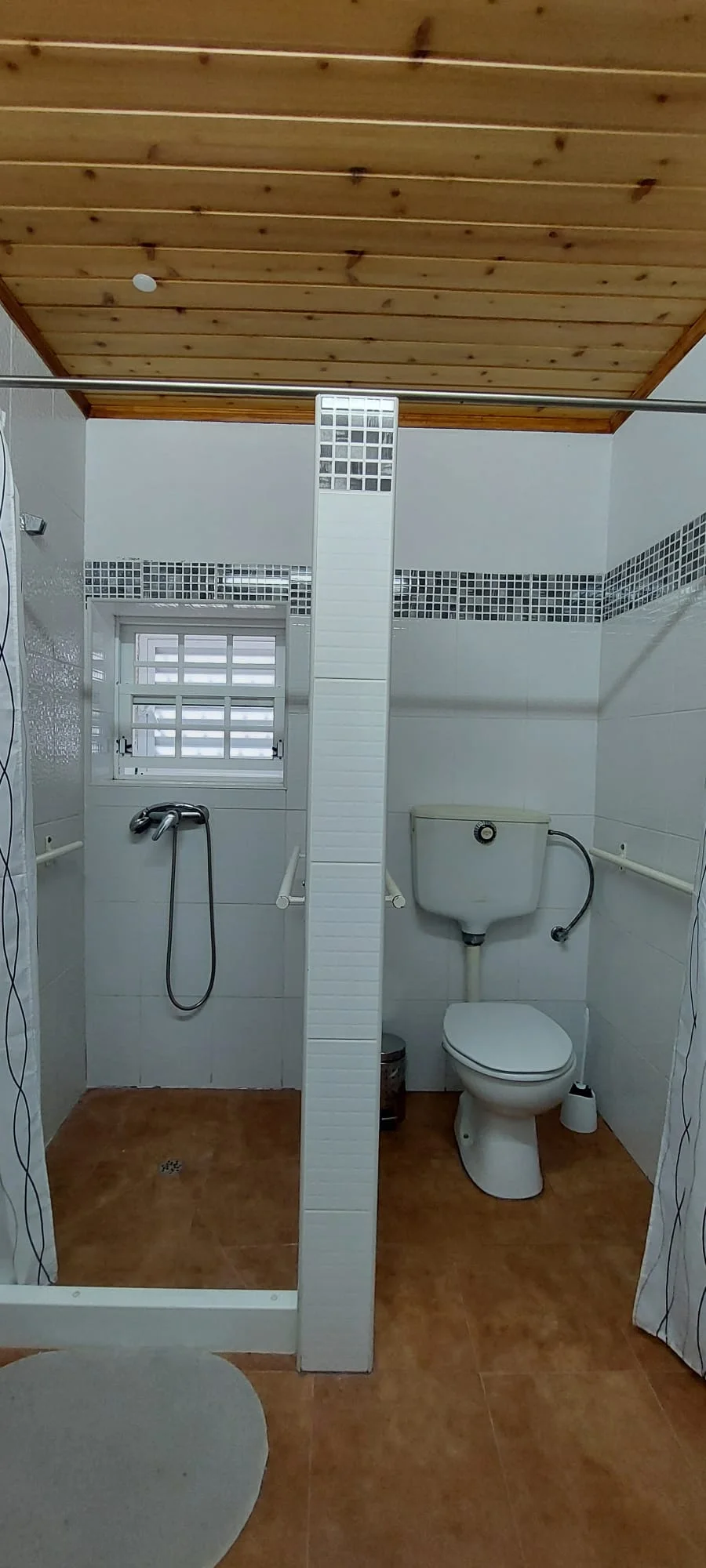 Casa de banho com duche, sanita e teto em madeira